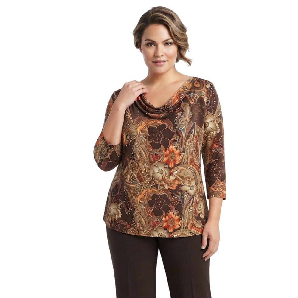 Shannon Ford Paisley And Floral Print Blouse Cowl Neckline  Plus Size 1X